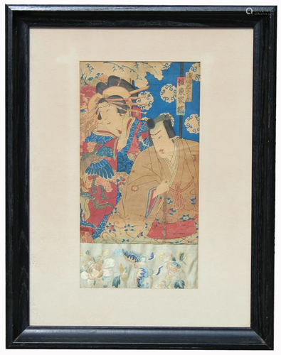 Unusual Framed Asian Woodblock and Embroidery