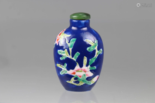 Signed, Blue Ground Famille Porcelain Snuff Bottle