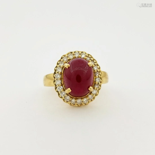 14K Gold Cabochon Ruby & Diamond Ring