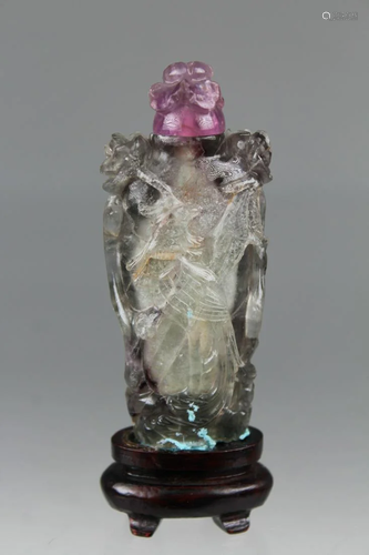 Carved Chinese Fluorite Snuff Bottle on Stand