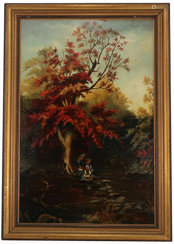 Antqiue, Autumnal Wooded Riverscape with Figures