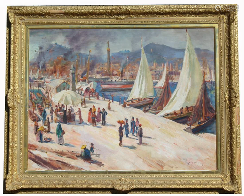 Signed, Large Impressionist European Harbor Scene