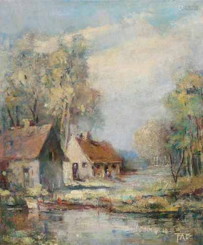 Signed, American School Landscape w/ Cottage