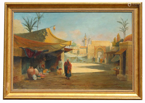 Signed, Antique Orientalist Market Scene Painting