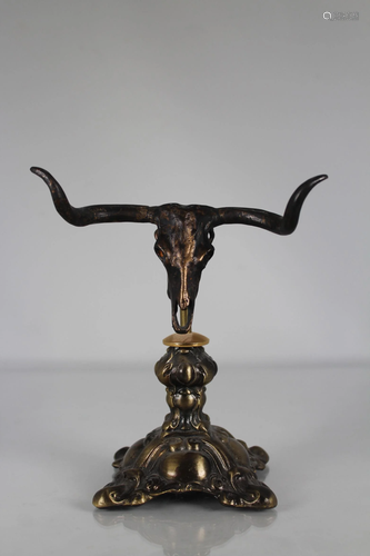 Bronze Bull Skull/Horns Sculpture on Stand