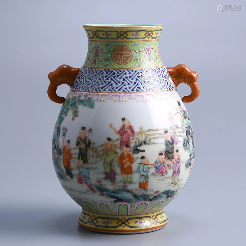 Qing Dynasty enamel character story elephant ear bottle