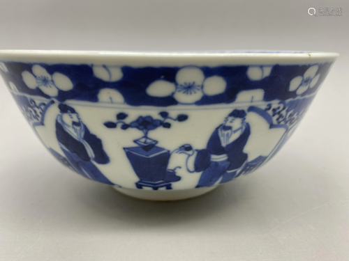 Qing Kangxi style blue and white figure bowl