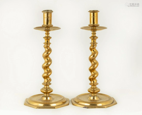 Pair of Early Large Brass Candlesticks