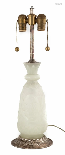 Steuben Alabaster Lamp Base with Roycroft Mounts