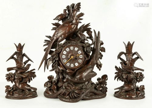 Carved Black Forest Shelf Clock and Candlesticks