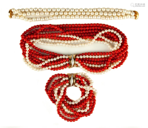 18K Gold, Diamond, Coral and Pearl Necklace and