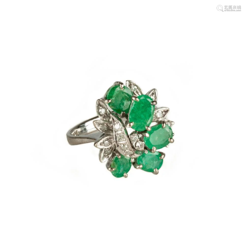 14K White Gold, Natural Emerald and Diamond Ring