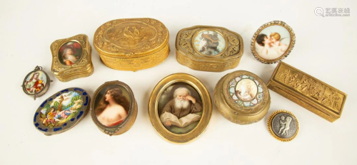 Group of Brass and Porcelain Painted Boxes