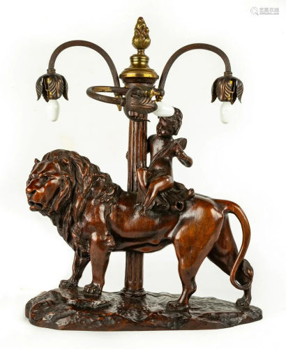 Carved Walnut Lion and Cherub Lamp