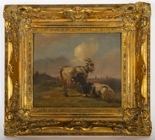 Henri Lot, painting, goats on a hill, oil on panel.