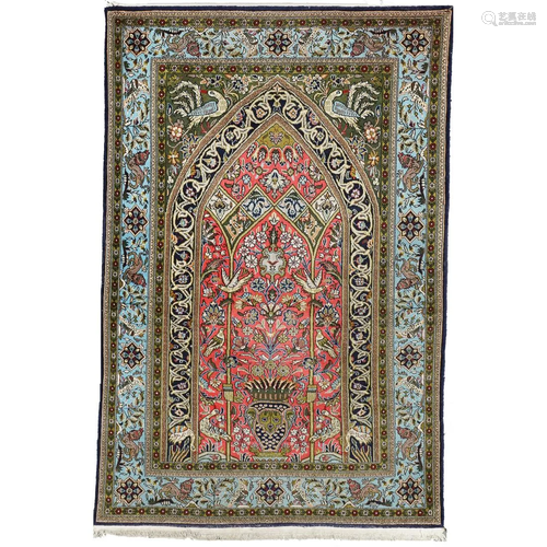 Oriental hand-knotted rug with silk elements.