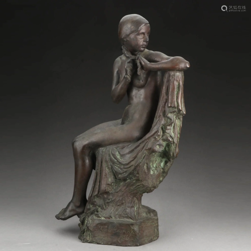 Inge Ebstrup, bronze figure, sitting young woman, sign.