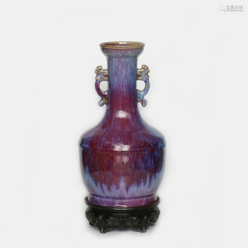 A Chinese Yaobian Flambe Porcelain Vase with Stand