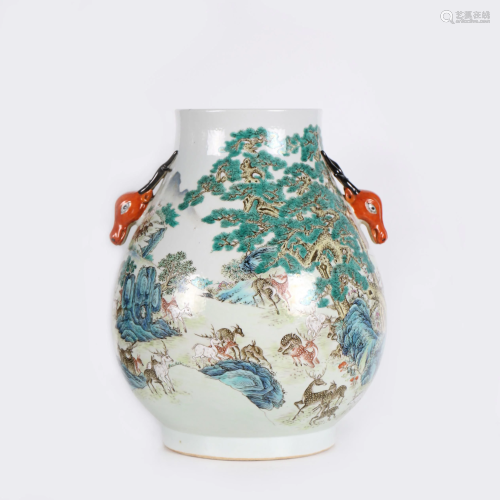 A Chinese Famille Rose Porcelain Vase with Deer-Head