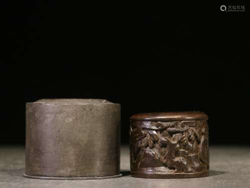backflow:chinese old collection agalwood thumb ring and tin box