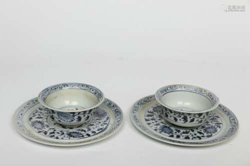 set of  two chinese blue and white porcelain tea bowls,yuan dynasty