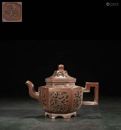 chinese openwork hexagonal zisha teapot