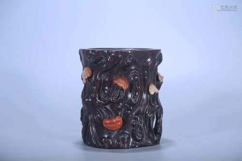 chinese soapstone-inlaid rosewood brush pot ,qing dynasty