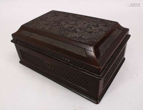 A GOOD 20TH CENTURY CHINESE CARVED WOODEN METAL LINED TEA CADDY, the box carved with native floral