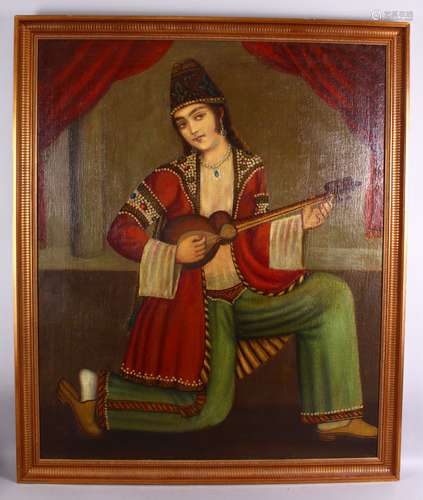 A LARGE INDO PERSIAN PAINTING ON CANVAS OF A LADY PLAYING AN INSTRUMENT INTERIOR, in a gilded frame,