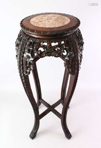 A GOOD 19TH CENTURY CHINESE HARDWOOD AND MARBLE TOP PLANT STAND, the top inset with marble, the