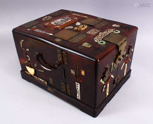 A CHINESE 19TH / 20TH CENTURY INLAID HARDSTONE WOODEN VANITY BOX, inlaid with jade, jadite, mother