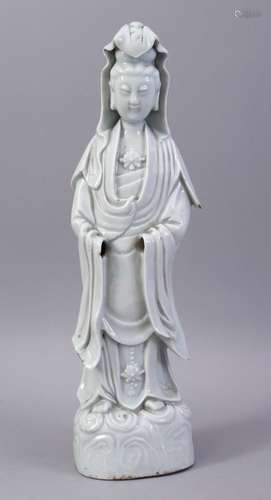 A GOOD 19TH CENTURY CHINESE BLANC DE CHINE PORCELAIN FIGURE OF GUANYIN, 35cm high.