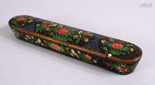 A GOOD 19TH CENTURY PERSIAN LACQUER DECORATED PEN BOX, decorated with scenes of birds among flora,