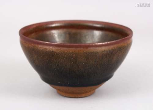 A CHINESE SONG STYLE POTTERY FUR TEA CUP, base unglazed, 12cm diam.