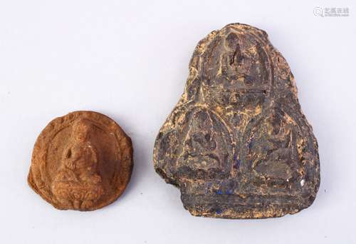 TWO GOOD EARLY TIBETAN AMULETS, both with figures of buddha, 8cm x 4cm.