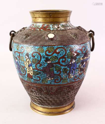 A GOOD 19TH / 20TH CENTURY CHINESE BRONZE & CLOISONNE VASE, the body of the vase with a central band