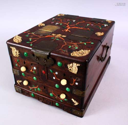 A SMALLER 19TH CENTURY CHINESE INLAID HARDWOOD VANITY BOX, inlaid with ivory, coral and hard stone