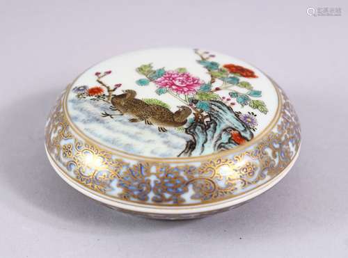 A GOOD CHINESE FAMILLE ROSE PORCELAIN BOX & COVER OF BIRDS, the birds in a native landscape, with