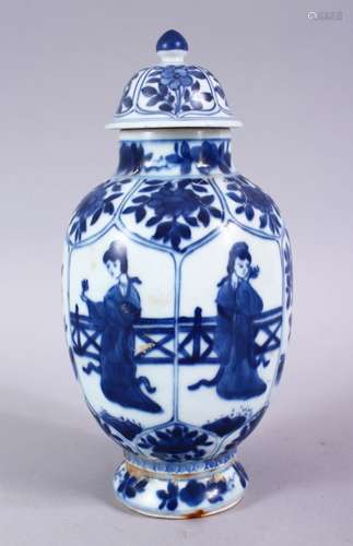 A CHINESE KANGXI PERIOD BLUE & WHITE PORCELAIN JAR AND COVER, with panels of figures and flora,