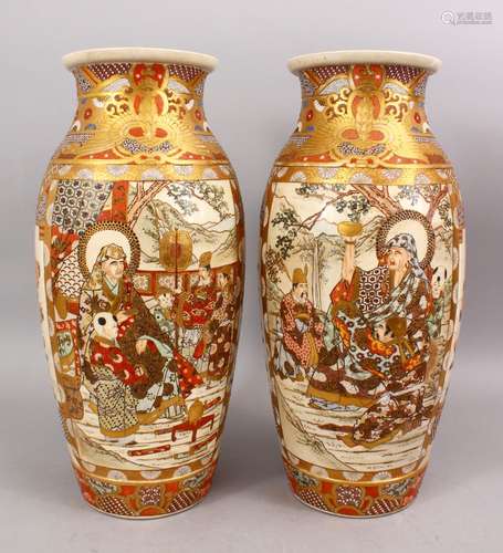 A GOOD PAIR OF JAPANESE MEIJI PERIOD SATSUMA CERAMIC VASES, decorated with two main panels depicting