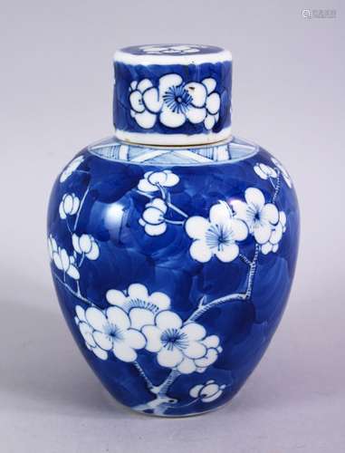 A CHINESE 18TH / 19TH CENTURY BLUE & WHITE PORCELAIN GINGER JAR AND COVER, decorated with prunus