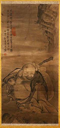 A GOOD 19TH / 20TH CENTURY CHINESE PAINTED HANGING SCROLL OF BUDDHA SEATED IN LANDSCAPE, the picture