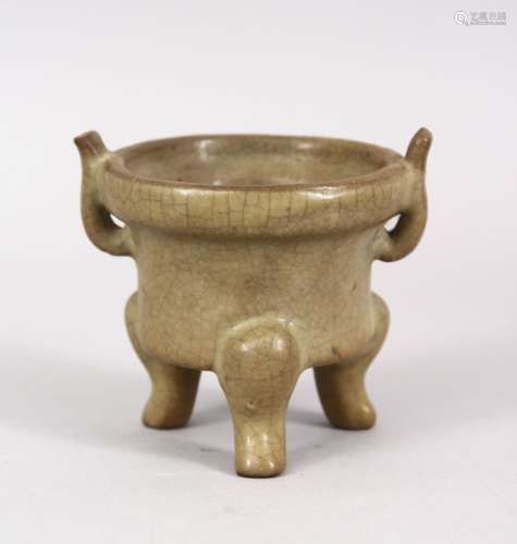 A SMALL CHINESE SONG STYLE TRIPLE FOOT TWIN HANDLE POTTERY CENSER, 7cm high x 8cm wide.