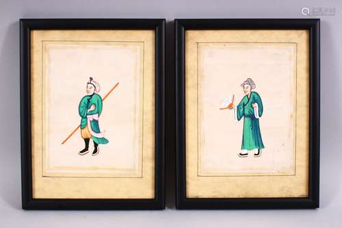 A PAIR OF 19TH CENTURY CHINESE RICE PAPER PAINTINGS, each depicting figures, one with a fan the