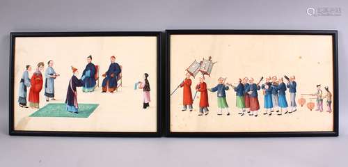 TWO 19TH CENTURY CHINESE PAPER PAINTINGS OF FIGURES, one depicting seated emperor and empress with