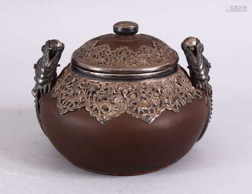 A GOOD CHINESE YIXING CLAY & SILVER MOUNTED TEAPOT, the pot with silver dragon head handles with