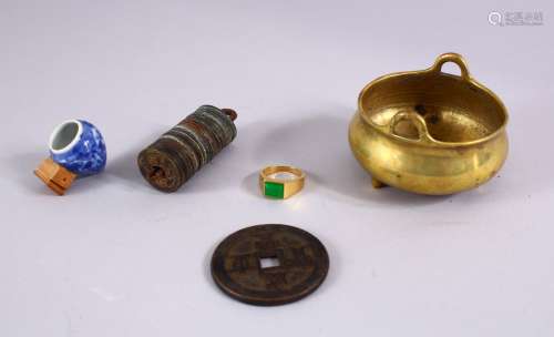 A JOB LOT OF CHINESE ITEMS, consisting of a bronze censer, with twin handles and a mark, a gold