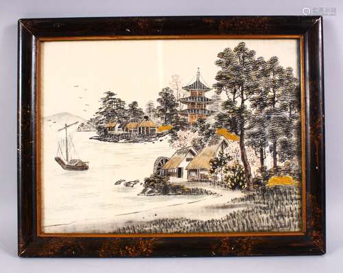 A 20TH CENTURY JAPANESE EMBROIDERED NEEDLE WORK PICTURE OF A LANDSCAPE. 45CM X 35CM