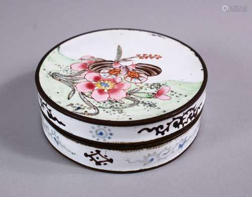 A FINE CHINESE CANTON ENAMEL CYLINDRICAL BOX & COVER, top decorated with a bat amongst flora and