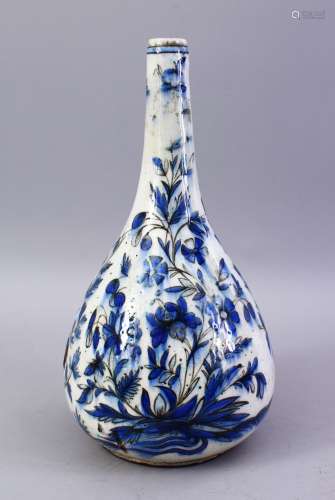 A FINE LARGE 17TH/18TH CENTURY PERSIAN SAFAVID POTTERY BOTTLE VASE, painted with floral